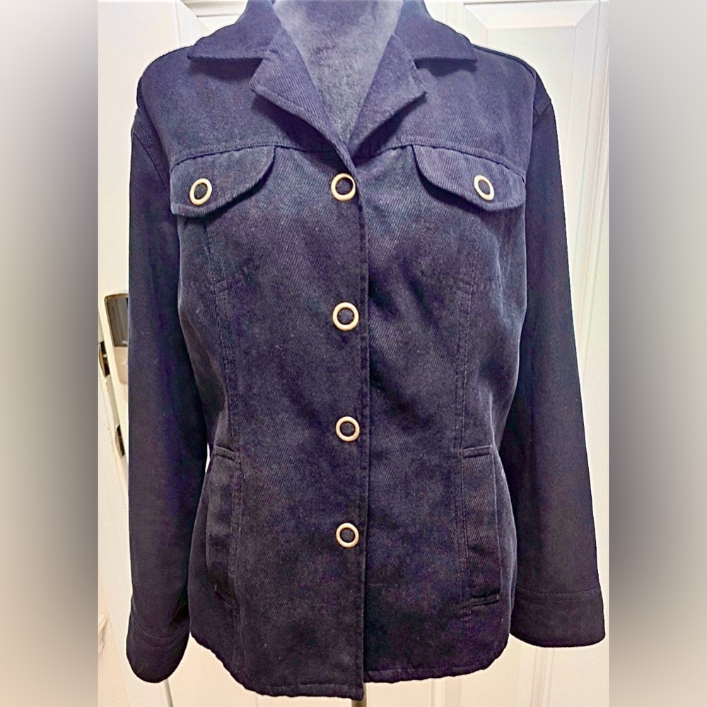 ♣️ Chico's Snap Front Closure Long Sleeve Corduroy Black Jacket Size 2, L, Large